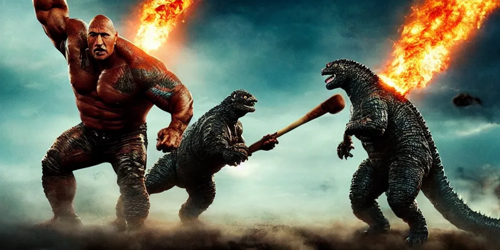 Prompt: movie poster of dwayne johnson with a baseball bat fighting godzilla outside a space station