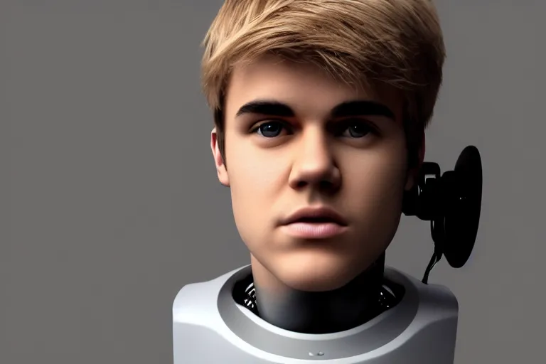 Image similar to a robot with the face of justin bieber, photograph, blender render,