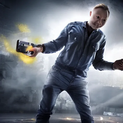 Prompt: limmy brian limond holding element 1 1 5, realistic, wide shot, dramatic lighting, hyper realistic, high quality, highly detailed, hd, beautiful, cinematic, 8 k, unreal engine, facial accuracy, symmetrical,