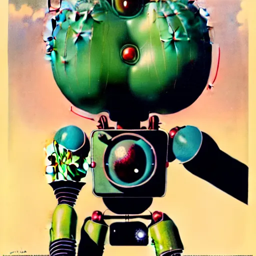 Prompt: extreme wide shot of 1950s retro cactus robot, with space above the head. Bionic Arms and eyes. pop surrealism, muted colours. by Jean-Baptiste Monge, wide shot