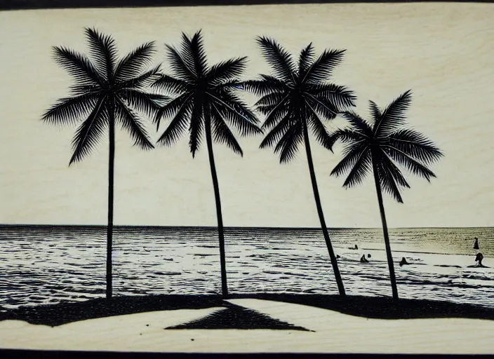 Image similar to a beautiful wood engraving on paper of a beach with coconut palms