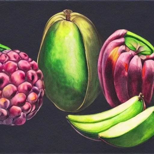 Image similar to Non-existent fantasy style fruit, fantastic colors, still life drawings.