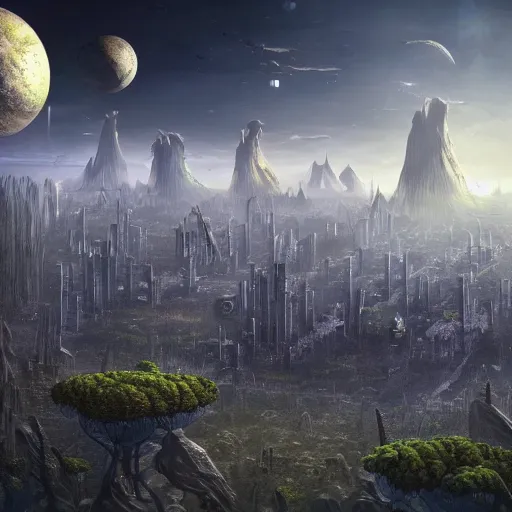 Image similar to a sprawling city landscape, overgrown, alien planet, high rises, oblong formations, crooked angles, uhd, 8 k, digital art, award winning,