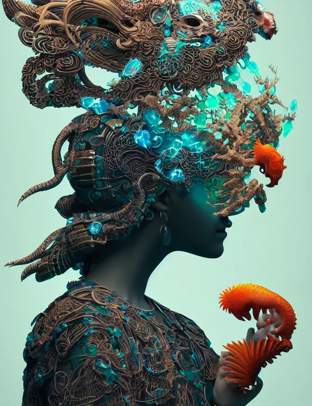 Image similar to 3 d goddess close - up profile solarpunk portrait ram skull. beautiful intricately detailed japanese crow kitsune mask and clasical japanese kimono. betta fish, jellyfish phoenix, bio luminescent, plasma, ice, water, wind, creature, artwork by tooth wu and wlop and beeple and greg rutkowski