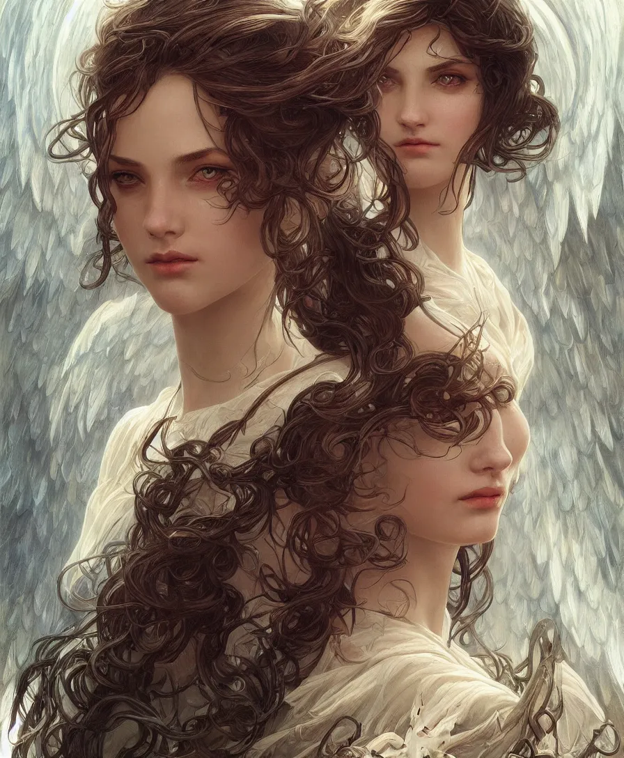 Prompt: Hyperrealistic close-up portrait of The angel of death young woman, D&D, fantasy, intricate, elegant, highly detailed, digital painting, trending artstation, concept art, smooth, sharp focus, illustration, art by artgerm and greg rutkowski and alphonse mucha