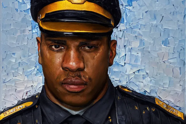 Prompt: palette knife oil painting portrait of ruben stone, a mall security guard., extreme detail, artstation trending, artgerm, random racial background, deviant art, octane, substance, art history 8 k