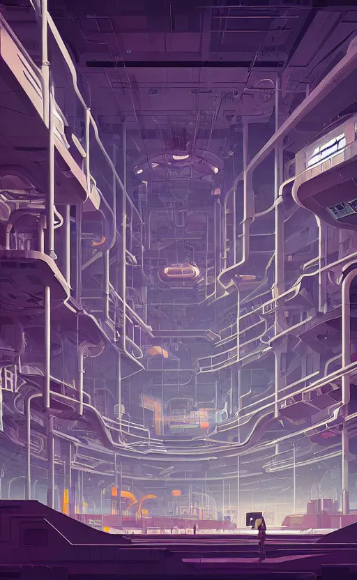 Image similar to Interior shot of a futuristic factory by Petros Afshar and Beeple, James Gilleard, Mark Ryden, Wolfgang Lettl highly detailed