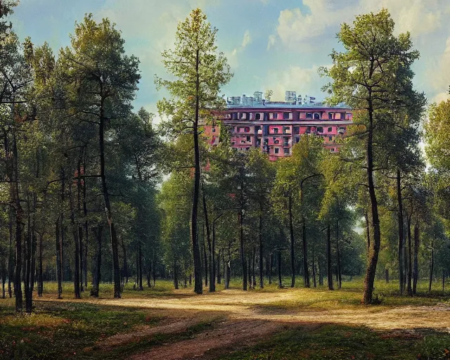 Image similar to beautiful matte painting of cute soviet block of flats hrushevka in end of forest by ivan shishkin, artstation, cinestill