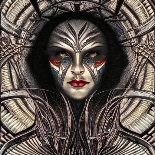 Image similar to beautiful closeup portrait of an art deco witch, glowing eyes. reflective detailed textures, moth wings, highly detailed dark fantasy science fiction painting by michael whelan and diego rivera and annie swynnerton and jean delville, elaborate geometric ornament, ancient runes, silver and cool colors. artstation