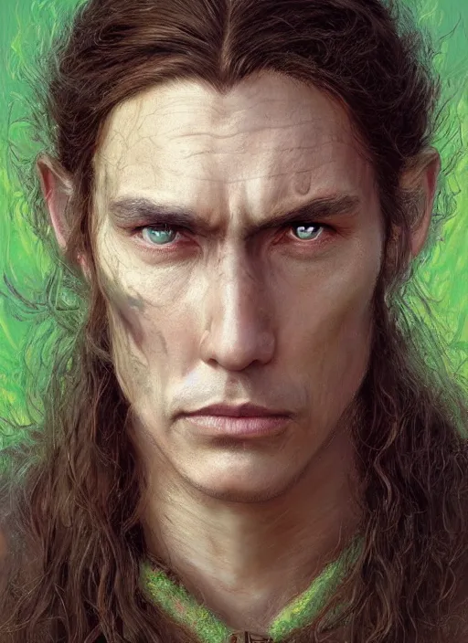 Prompt: a shaman in his twenties with long light brown hair tied back, light green eyes, a large forehead, a widows peak and a round face with high cheekbones and full lips as a realistic d & d fantasy character, portrait art by donato giancola and greg rutkowski, vintage retro, realistic face, digital art, trending on artstation