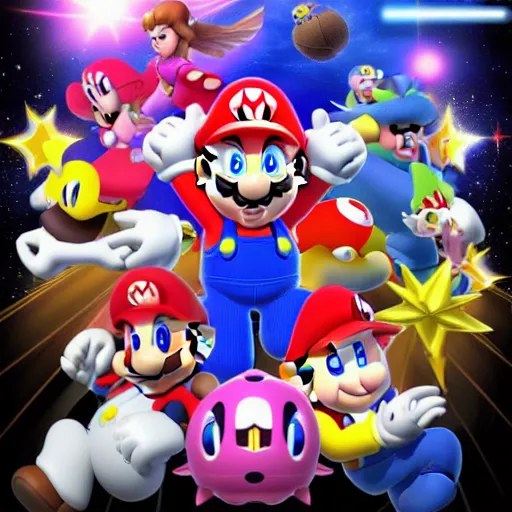 Image similar to super mario brothers and kirby super star ultra movie poster with pokemon super smash bros and princess peach star wars theme pokemon style detailed and accurate eyes