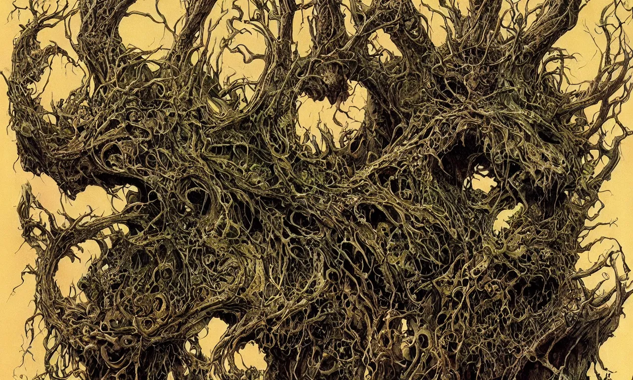 Prompt: hyperdetailed art nouveau portrait of treebeard as a chimera eyeball skull dragon monster, by micheal whelan, simon bisley and bill sienkiewicz, grim yet sparkling atmosphere, photorealism, claws, ribcage, fangs, forest, wild, crazy, scary, horror, lynn varley, lovern kindzierski, steve oliff