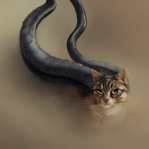 Prompt: Cat head with the body of an extremely long snake by Greg Rutkowski, artstation