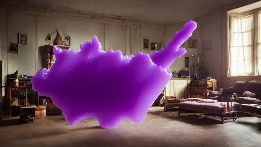 Image similar to a giant hand made of purple wax float through the living room film still from the movie directed by denis villeneuve with art direction