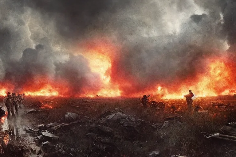 Prompt: chaotic battlefield, multiple soldiers on the ground!, thick dark smoke!, vehicles on fire, heavy rain from thick clouds, storm, overgrowth, (mushroom cloud) in the background, bleak, melancholy atmosphere, band of brothers, bf1942, 4k artwork by Gregory Crewdson and Grzegorz Domaradzki and Ivan Shishkin and Jakub Rozalski