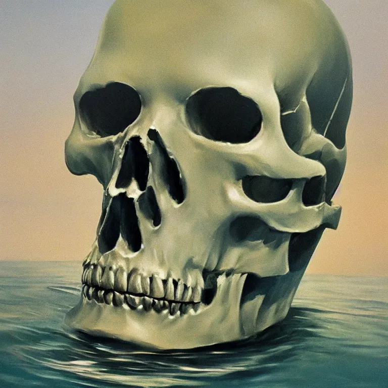 Image similar to closeup of metal skull submerged in milk painted by Edward Hopper, painted by Wayne Barlow, airbrush