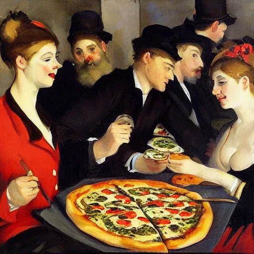 Prompt: “a painting of the style of Manet of a bunch of people on pizza”