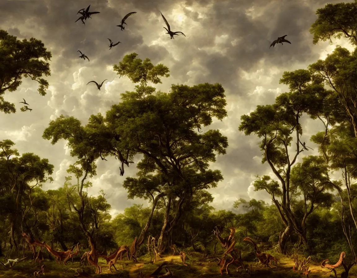 Prompt: a scene of the jurassic era, with extinct plants and tropical rain forests. a dark sky is looming above. pteradactyls are seen flying in the sky. herds of dinos are seen in the grassy fields. in the style of hudson river school of art, oil on canvas