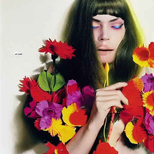 Image similar to a studio close - up portrait of a a fashion model smelling a plastic toy flower. surreal photograph, lo - fi, polished look, silly and serious, hermes ad, fashion photography, toiletpaper magazine by pierpaolo ferrari and maurizio cattelan, 3 5 mm photograph, colourful, by pierpaolo ferrari, maurizio cattelan, david lachapelle