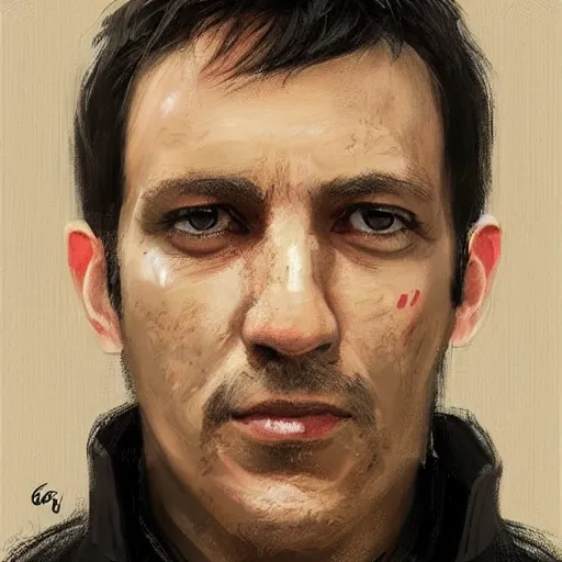 Prompt: Portrait of a man by Greg Rutkowski, he is about 40 years old, short black hair with bangs, his features are a mix between French, Turkish and Russian, dad vibes, he is wearing a white and black utility jumpsuit, highly detailed portrait, digital painting, artstation, concept art, smooth, sharp foccus ilustration, Artstation HQ.