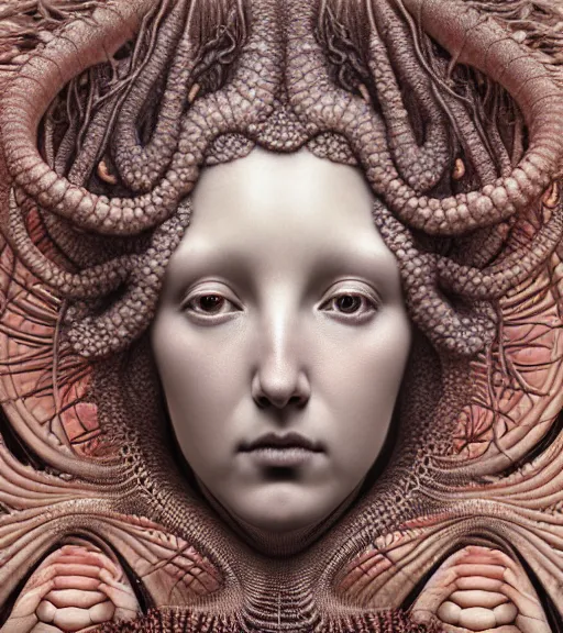 Image similar to detailed realistic beautiful coral goddess face portrait by jean delville, gustave dore, iris van herpen and marco mazzoni, art forms of nature by ernst haeckel, art nouveau, symbolist, visionary, gothic, neo - gothic, pre - raphaelite, fractal lace, intricate alien botanicals, ai biodiversity, surreality, hyperdetailed ultrasharp octane render