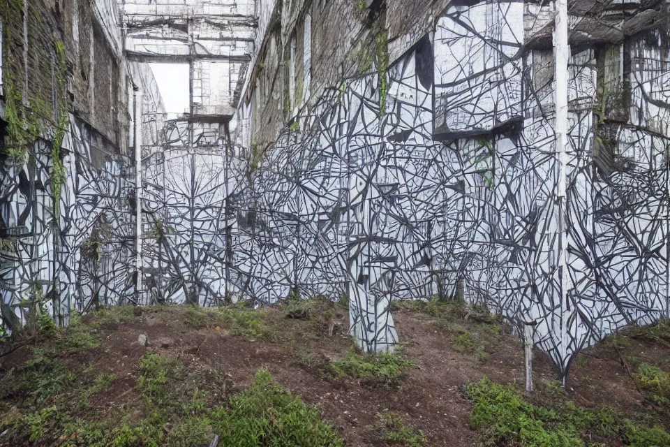 Image similar to geometric anamorphic graffiti of a forest on an abandoned factory, by birdo, alex maksiov and john pugh