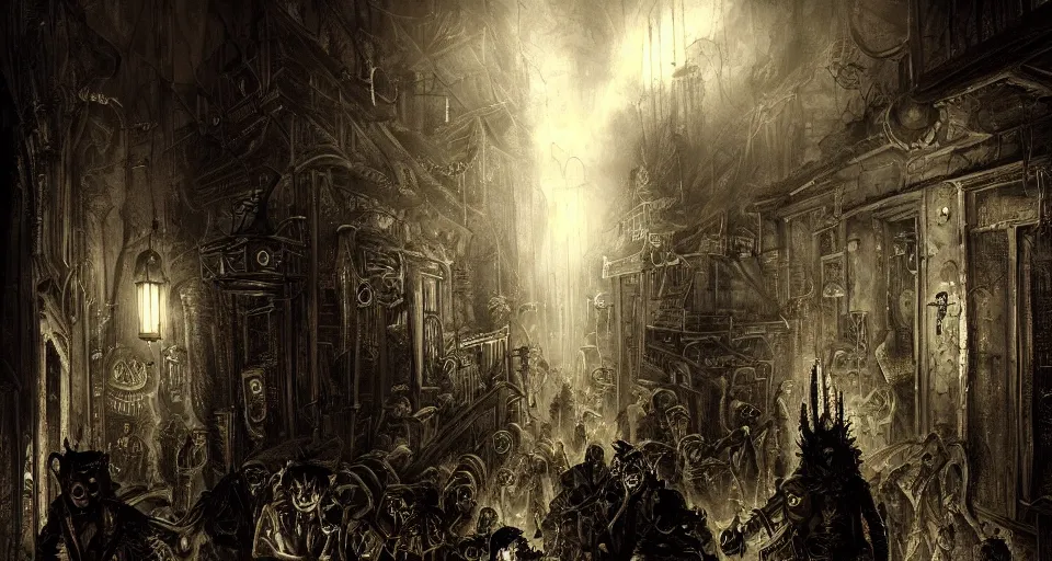 Image similar to a beautifully horrific ultra - detailed lovecraftian painting of steampunk demons gathered in the night time alleyway, illuminated by volumetric lighting, in the style of francisco goya, trending on artstation