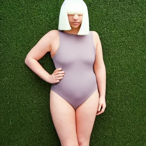 Image similar to sia furler wearing a skin colored leotard full body artistic photoshoot