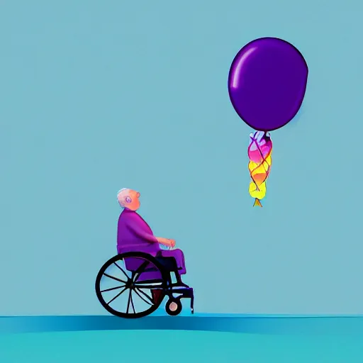 Prompt: crippled old man in a purple wheelchair frowns as his rainbow birthday balloon floats out of his reach into the stormy sky, digital illustration, pixar concept art