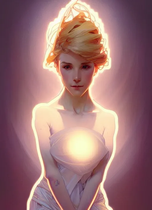 Prompt: digital character concept art by artgerm and greg rutkowski and alphonse mucha. clear portrait of a shy modern wife blessed by god to grow immaculately fertile and perfect!! blonde, in clothes! holy body! light effect. hyper detailed, glowing lights!! intricate, elegant, digital painting, artstation, smooth, sharp focus