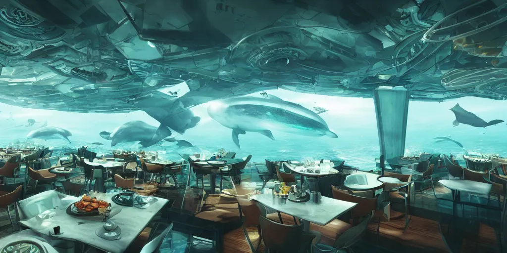 Prompt: Futuristic-looking cyberpunk restaurant underwater below ocean with whales. White ceiling. Chairs with people talking in the restaurant. Cinematic, ArtStation, realistic photograph, ambient, vibrant colors, rays, Unreal Engine 5, rendered by Octane.