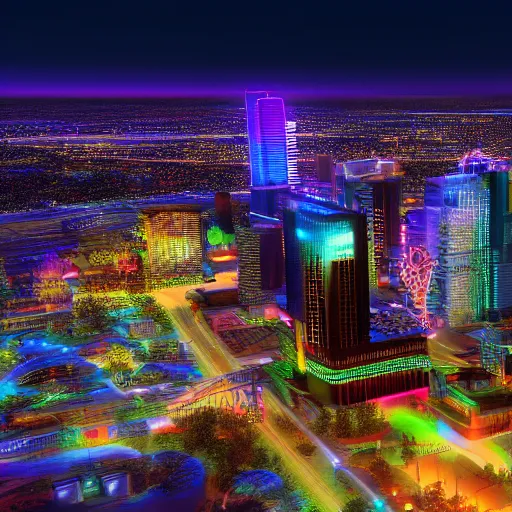 Prompt: cyberpunk photo of downtown Mesa Arizona, 2077, photorealistic, highly detailed, colorful, neon, night time, 4k