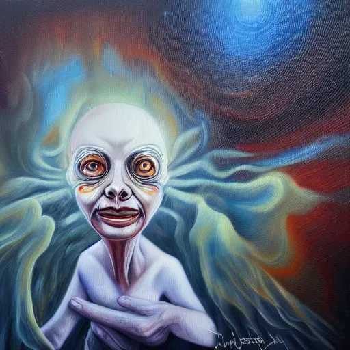 Prompt: fear psychosis in oil paint, surrealist highly detailed at, astral ethereal, trending on art station, masterpiece, visionary art, emotional oil painting