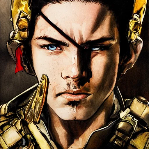 Image similar to portrait of a young white hero holding his sword next to his face covering his eye by yoji shinkawa, high quality, extra details, realism, ornate, colored, golden chain, blood, white skin, short hair, brown eyes, vivid, sunlight, dynamic, american man, freedom, white american soldier, painting