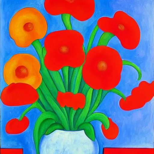 Prompt: a painting of red flowers in a blue vase, a gouache by tarsila do amaral, pinterest contest winner, fauvism, fauvism, oil on canvas, acrylic art