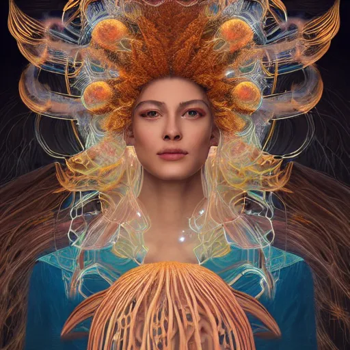 Image similar to Portrait of the most beautiful goddess, she has a jellyfish phoenix head's, by Tooth Wu, trending on Artstation, digital art, symmetrical artwork, cinematic, hyper realism, high detail, octane render, 4k, 8k