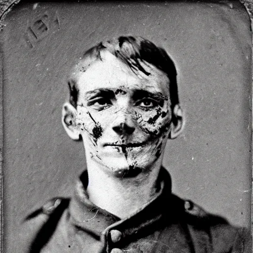 Prompt: civil war portrait of soldier sepia tattered image, with glowing red eyes and evil smile, real 1 8 6 0 photo,