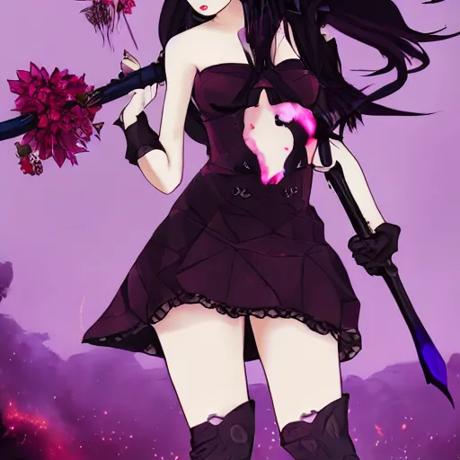 Prompt: gloomy black haired demon girl with demon horns in a pretty mid-length black dress with a katana in front of a dystopian purple colored city which is destroyed, picking up a flower, high detail photo
