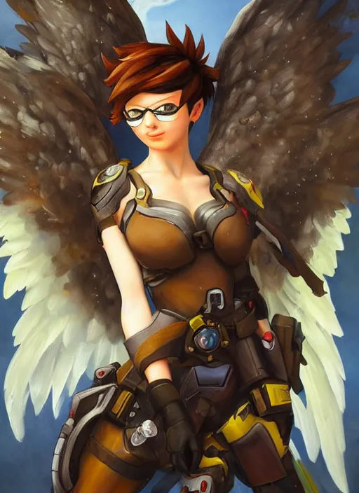 Image similar to full body oil painting of tracer overwatch in the style of sophie anderson, angel wings, black garment, dramatic painting, wearing steel collar,