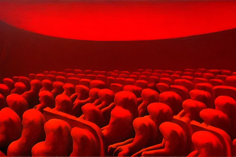 Image similar to only with red, crowd screaming, an exposed painting in a roman theater, in the style of beksinski, parts by edward hopper, parts by rodcenko, parts by yue minjun, intricate and epic composition, red by caravaggio, insanely quality, highly detailed, masterpiece, red light, artstation, 4 k