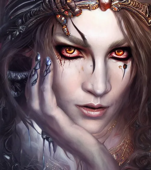 Image similar to a higly detailed full body shot and face portrait painting of a grim female sorceress with piercing eyes beautiful eyes, dynamic lighting, ambient lighting, deviantart, art by artgerm and karol bak and mark brooks