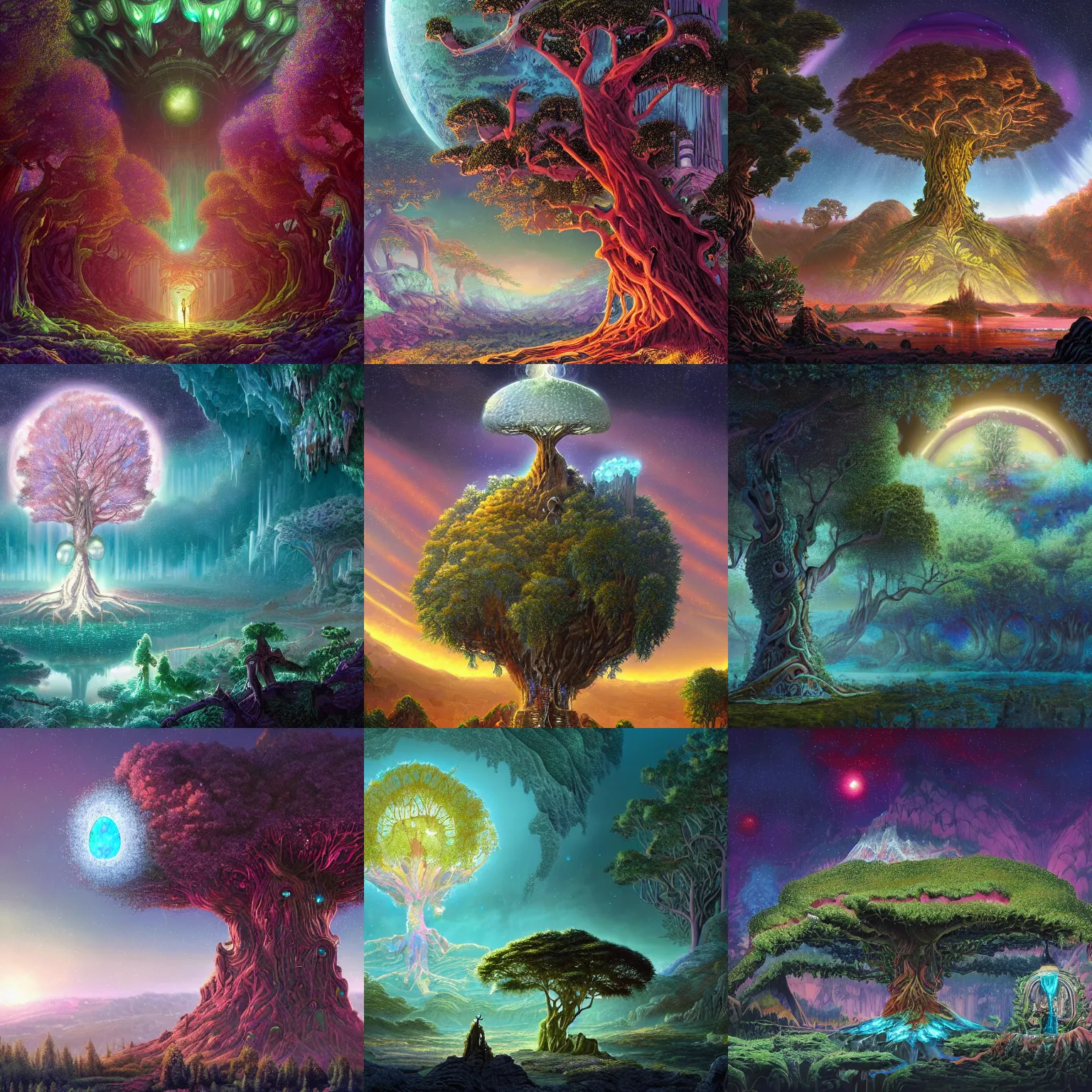 Prompt: a masterpiece!! matte painting of a beautiful! tree with a shining opal! in its' center and opulent crystals!! at it's base set within an alien! landscape, by Pail Lehr and Dan Mumford and Dan Hillier, vray rendered, 8k resolution, enormous size