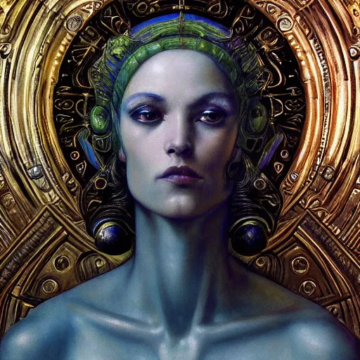 Prompt: masterpiece baroque neoclassicist closeup renaissance portrait of a art deco android priestess, glowing eyes. reflective detailed textures, highly detailed fantasy science fiction painting by magali villeneuve, annie swynnerton, norman rockwell and saturno butto and jean delville, elaborate geometric ornament, cool colors. artstation