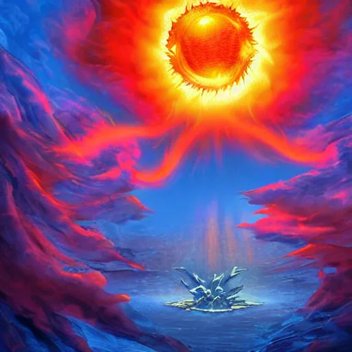 Prompt: A dracolich summoning the sun as fire rains down, solar flare, awesome, inspiring, fiery palette, digital art