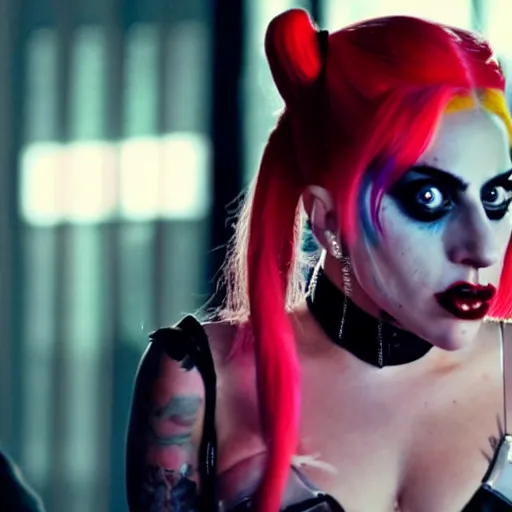 Prompt: Lady gaga as real-life Harley Quinn, cinematic, Wide-shot, atmospheric lighting, directed by Ti West, extreme detail, 8K, movie still