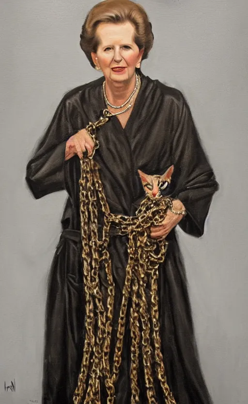 Image similar to an oil portrait of margaret thatcher in ceremonial robe keeping distressed servals in chains at her feet, high quality, artstation, higly detailed, dark lighting