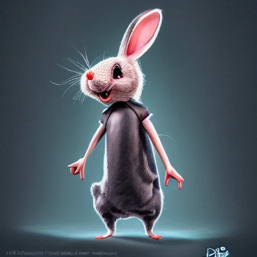 Image similar to A extremely highly detailed majestic hi-res beautiful, highly detailed portrait of a scary terrifying creepy cartoon rabbit standing up wearing pants and a shirt in the style of 1960's Walt Disney animation, dramatic lightning, rim light, hyperrealistic, photorealistic, octante render, elegant, cinematic, high textures, hyper sharp, 8k, insanely detailed and intricate, graphic design, cinematic atmosphere, hypermaximalist, hyper realistic, super detailed, 4k HDR hyper realistic