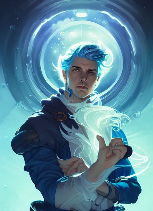 Prompt: style artgerm, joshua middleton, illustration, richard d anderson as dnd male artificer alchemist, blue hair, swirling water cosmos, fantasy, dnd, cinematic lighting, collectible card art