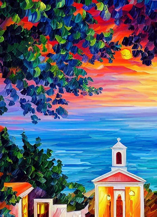 Image similar to beautiful seaside greek chapel in village at sunset in the style of leonid afremov