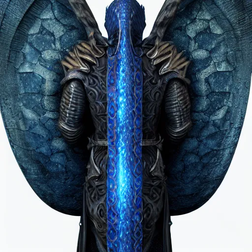 Image similar to detailed hypperrealistic artstation render, full body front view of a scaly black cloaked man, wearing a metallic blue squid mask. he holds in his hand a large knights blue greatsword, in addition tentacles emerge from his back like wings